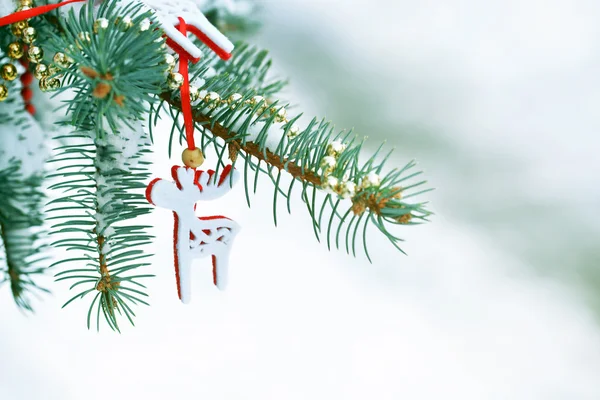 Cubierto de nieve y decoración navideña rama de abeto, al aire libre — Foto de Stock