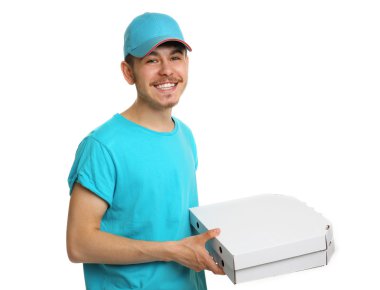 Delivery boy with cardboard pizza box isolated on white clipart