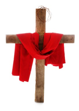 Dikenler ve kırmızı kumaş, izole üzerinde beyaz taç ile çapraz