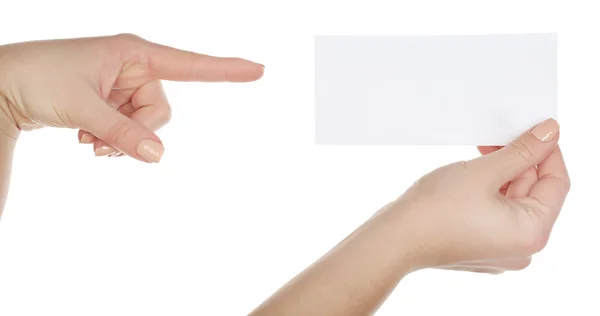 Handen houden blanco kaart geïsoleerd op wit — Stockfoto