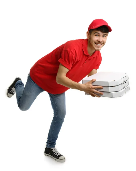 ダン ボール ピザ箱白で隔離と配達の少年 — ストック写真
