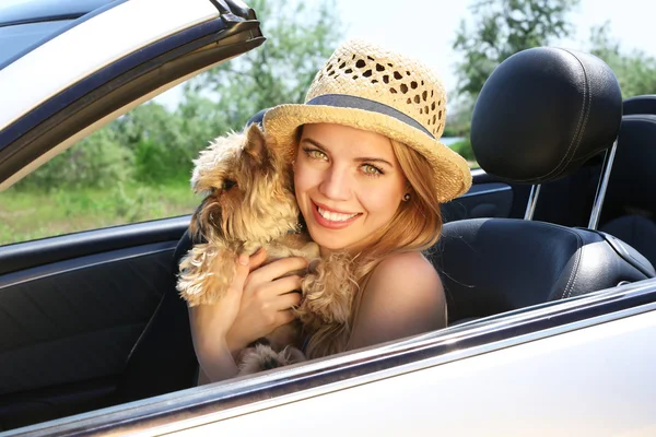 Happy girl with cut dog in cabriolet, outdoors — Stock Photo, Image