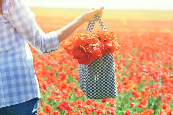 Mulher segurando saco com flores de papoula vermelha sobre fundo campo de papoula — Fotografia de Stock