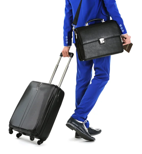 Üzletember elszigetelt fehér bőrönddel — Stock Fotó