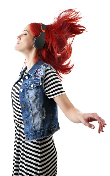 Mulher bonita com fones de ouvido isolados em branco — Fotografia de Stock