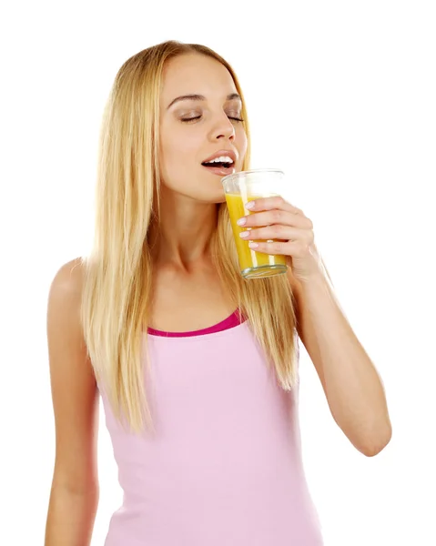 年轻漂亮的女人，与新鲜的橙汁，孤立在白色玻璃 — 图库照片