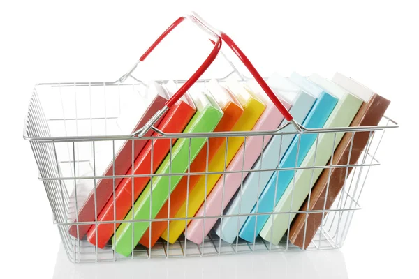 Shopping basket with books isolated on white — Stock Photo, Image