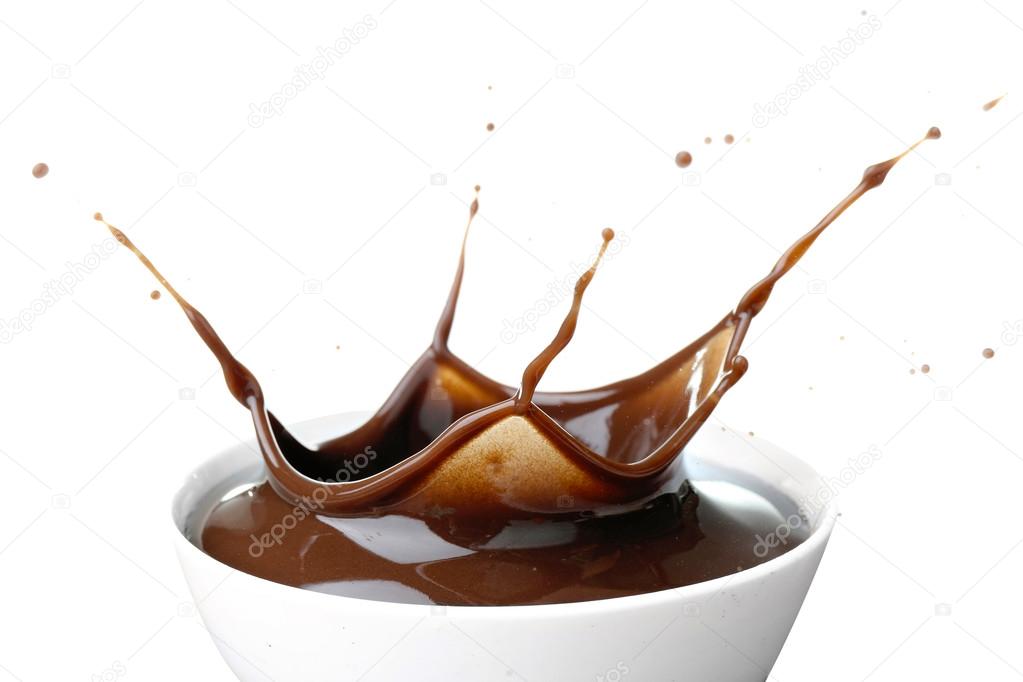 Splash of hot chocolate in cup isolated on white