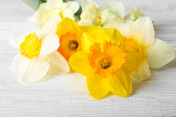 Narcis čerstvé květiny na dřevěné pozadí — Stock fotografie
