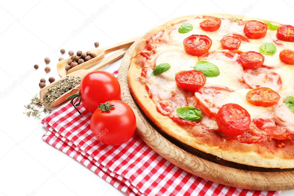 Delicious pizza with cheese and cherry tomatoes isolated on white