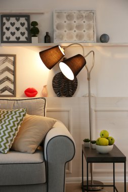 Gri kanepe ve zemin lamba güzel modern oturma odası