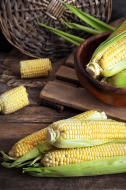 Tahta masadaki koçanlarda taze mısır, yakın plan.