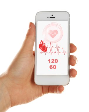 Akıllı cep telefonu ile sağlık kitap app ekranda holding eller.