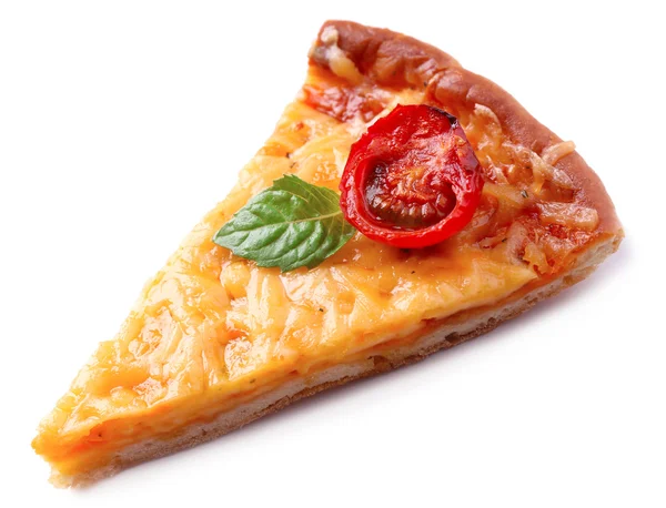 Plak van smakelijke kaas pizza met basilicum en cherry tomaat geïsoleerd op wit — Stockfoto