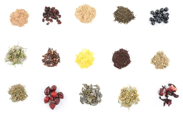 Varios tipos de té de hierbas y hierbas aisladas en blanco —  Fotos de Stock
