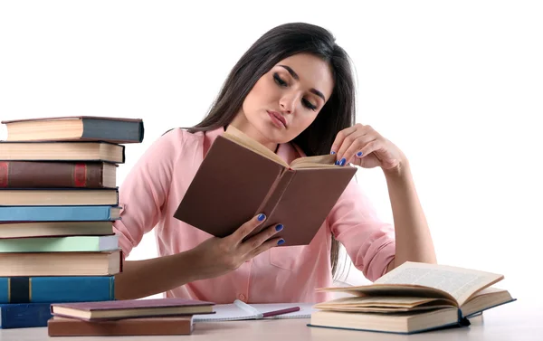 Jovencita leyendo libro aislado en blanco — Foto de Stock