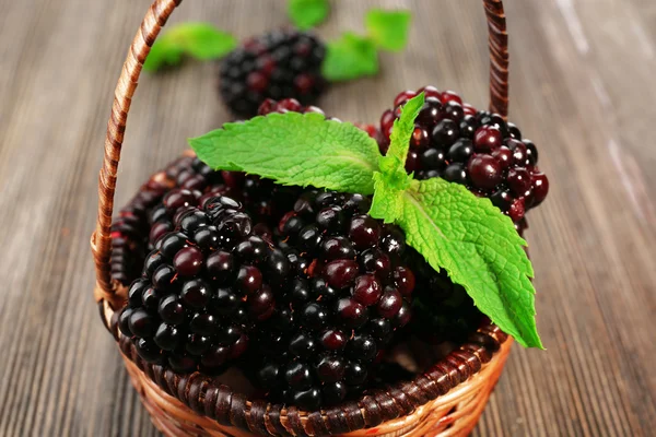 Ripe blackberries with green leaves — Stock Photo, Image