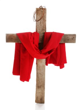 Dikenler ve kırmızı kumaş, izole üzerinde beyaz taç ile çapraz