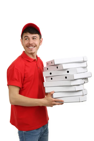 Bezorger met kartonnen pizzadoos geïsoleerd op wit — Stockfoto