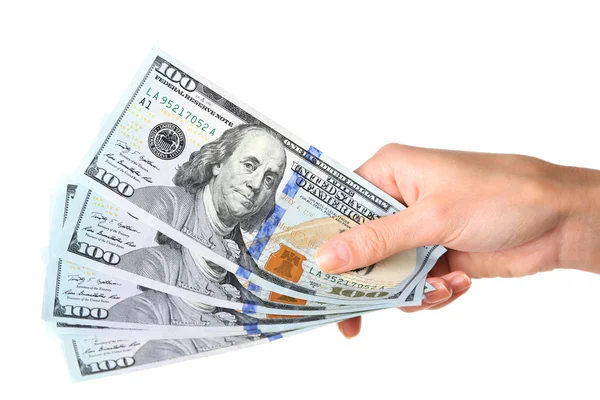 Mano femenina sosteniendo dólares aislados en blanco — Foto de Stock