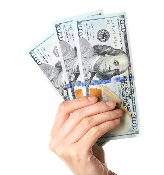 Mano femenina sosteniendo dólares aislados en blanco —  Fotos de Stock