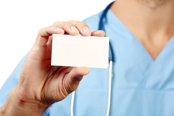 Dottore con badge in bianco, primo piano — Foto Stock