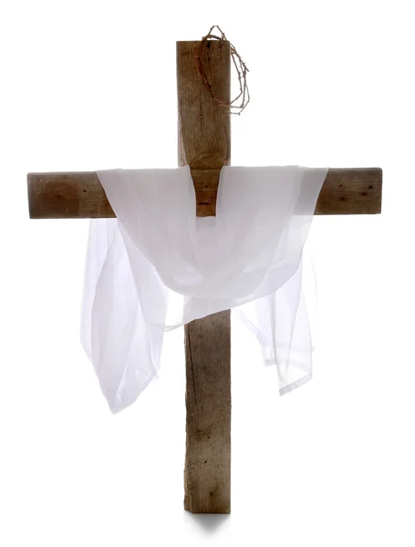 Cross with crown of thorns and cloth, isolated on white — Stock Photo, Image