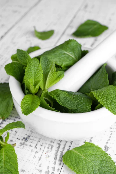 renkli ahşap zemin üzerine harç içinde taze yeşil nane