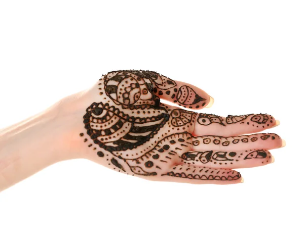 Henna στο γυναικείο χέρι απομονωθεί σε λευκό — Φωτογραφία Αρχείου
