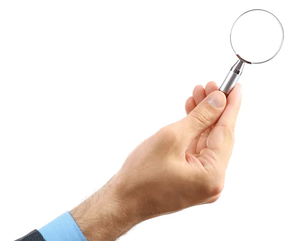 Male hand holding magnifying glass isolated on white — Stock Photo, Image