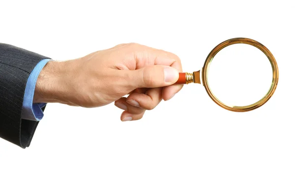 Male hand holding magnifying glass isolated on white — Stock Photo, Image