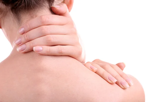 Giovane donna con dolore al collo da vicino — Foto Stock