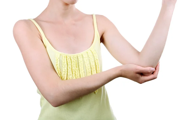젊은 여성 흰색 절연 팔꿈치 통증을 — 스톡 사진