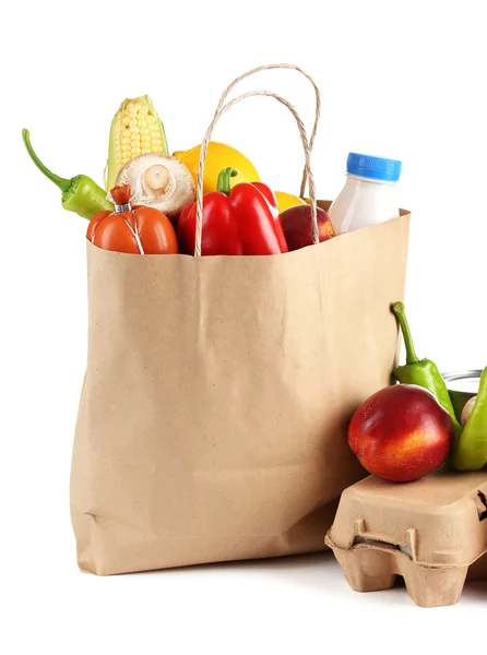 Sacchetto di carta con cibo isolato su bianco — Foto Stock