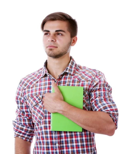 Junger Mann mit Buch auf weißem Hintergrund — Stockfoto