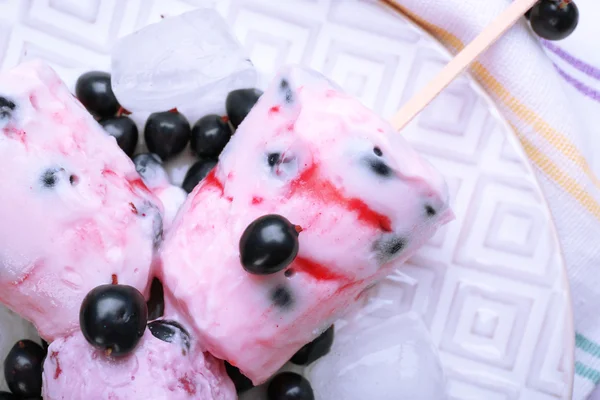 Gelato dolce con ribes nero in piatto bianco, primo piano — Foto Stock