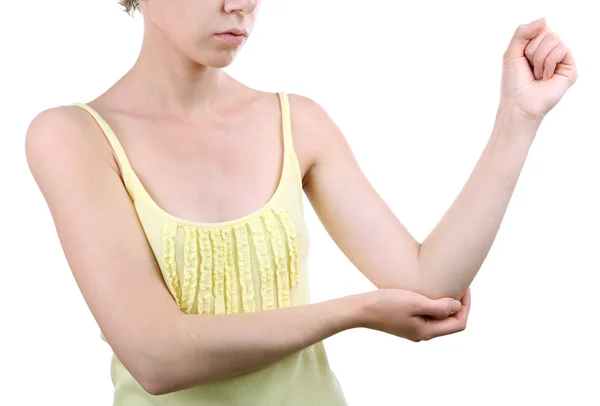 Young Woman Elbow Pain Isolated White — Stock Photo, Image