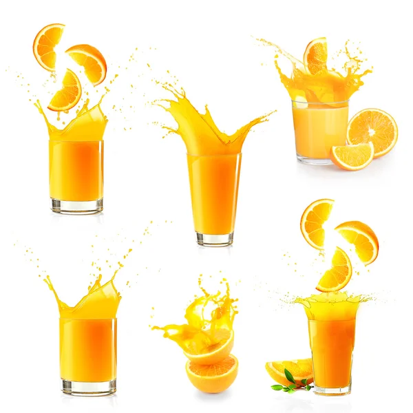 Collage di spruzzi di succo d'arancia — Foto Stock