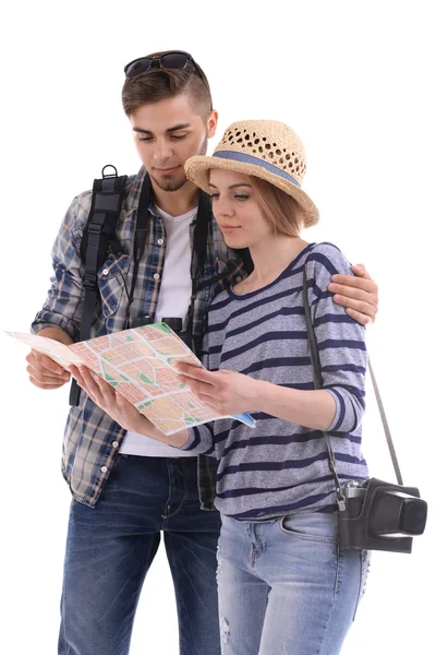 Pareja de viajeros en blanco — Foto de Stock