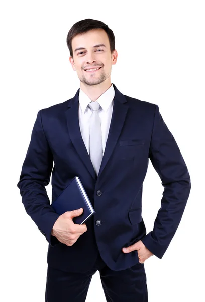 Homme élégant en costume avec bloc-notes — Photo