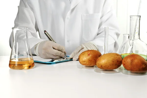 Scientist examines potatoes — Stock Photo, Image