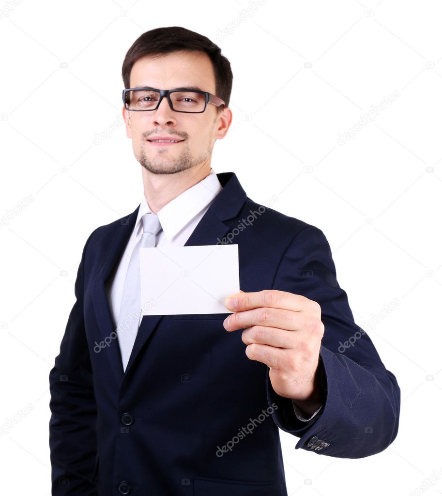 man in suit with business card