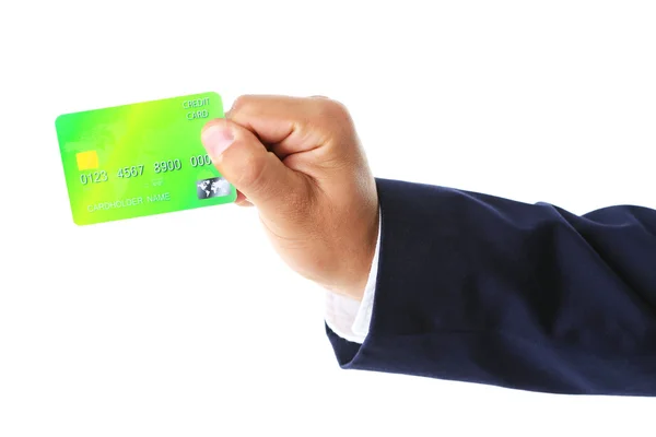 Mão segurando cartão de crédito, isolado em branco — Fotografia de Stock
