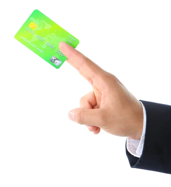 흰색으로 표시된 신용 카드를 들고 있는 모습 — 스톡 사진