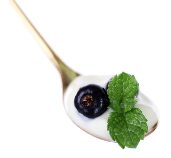 Köstlicher Joghurt in Löffel mit schwarzen Johannisbeeren und Minze isoliert auf weiß — Stockfoto