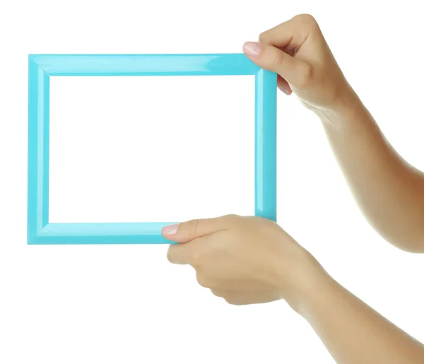 Female hands with wooden frame — Stock Photo, Image