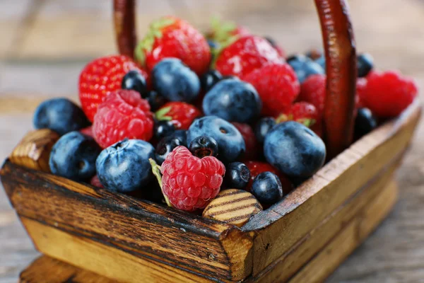 Sweet tasty berries in basket close up