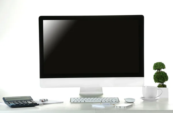 Computer on wooden table — Stock Photo, Image