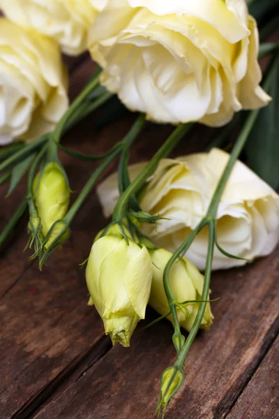 Eustoma bonito na mesa de madeira de perto — Fotografia de Stock