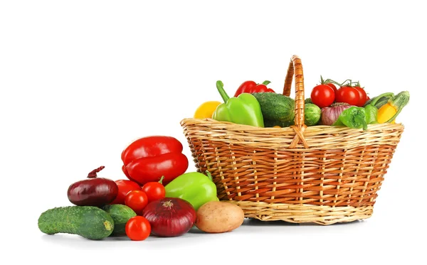 Heap of fresh fruits and vegetables  in basket isolated on white — Stock Photo, Image